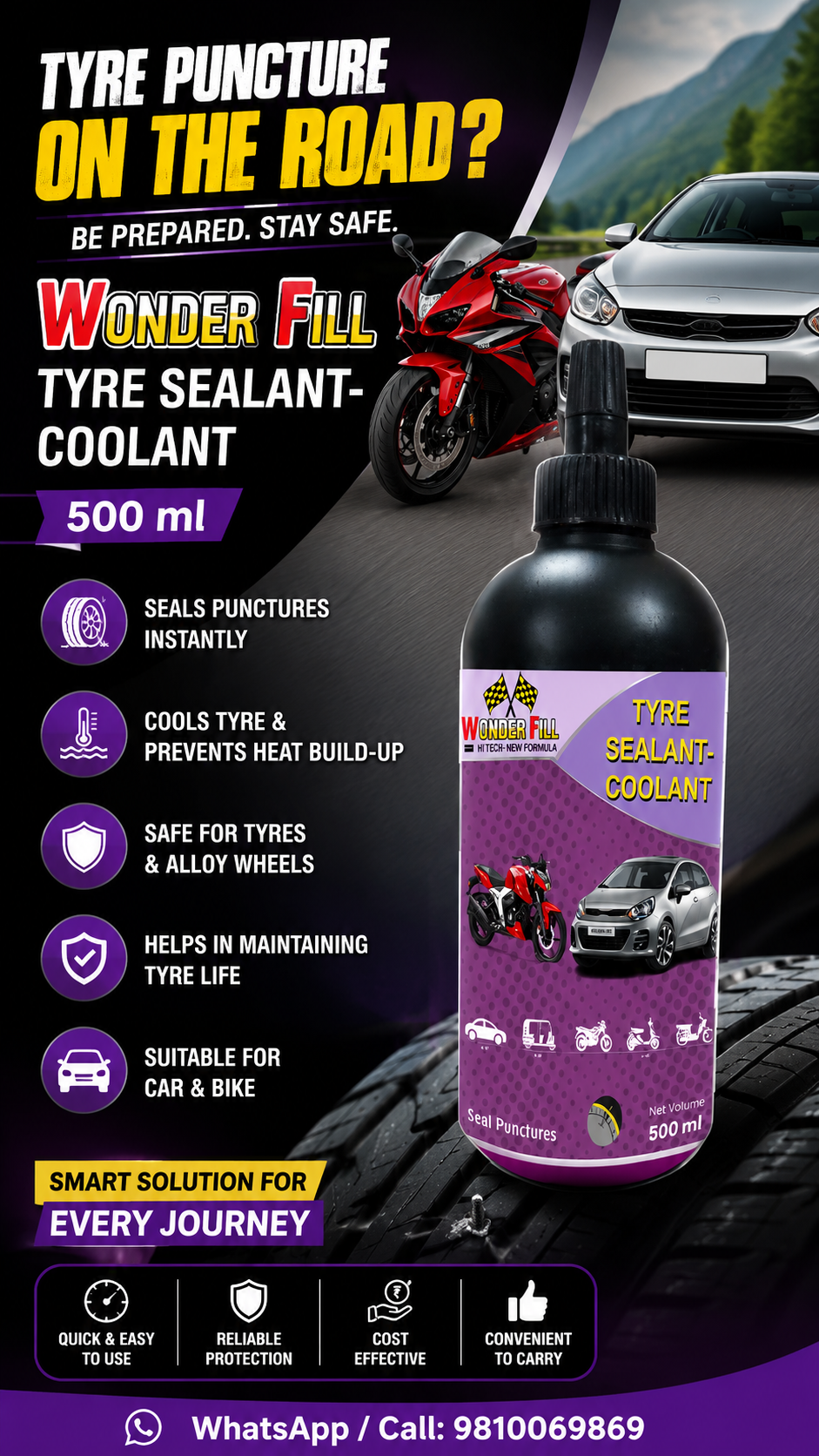 Tyre Puncture on the Road? Keep Wonderfill Tyre Sealant-Coolant 500 ml Ready