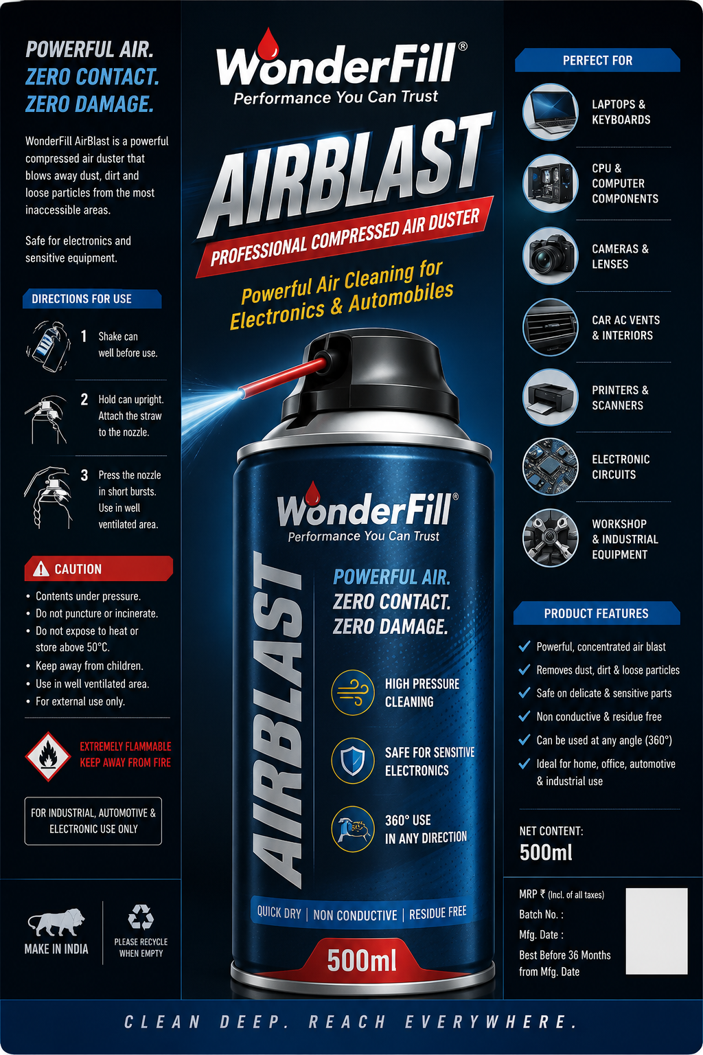 WonderFill AirBlast™ 500ml Professional Compressed Air Duster | Keyboard, Laptop, CPU, Camera, Printer & Car AC Vent Cleaner | Residue Free High Pressure Air Spray
