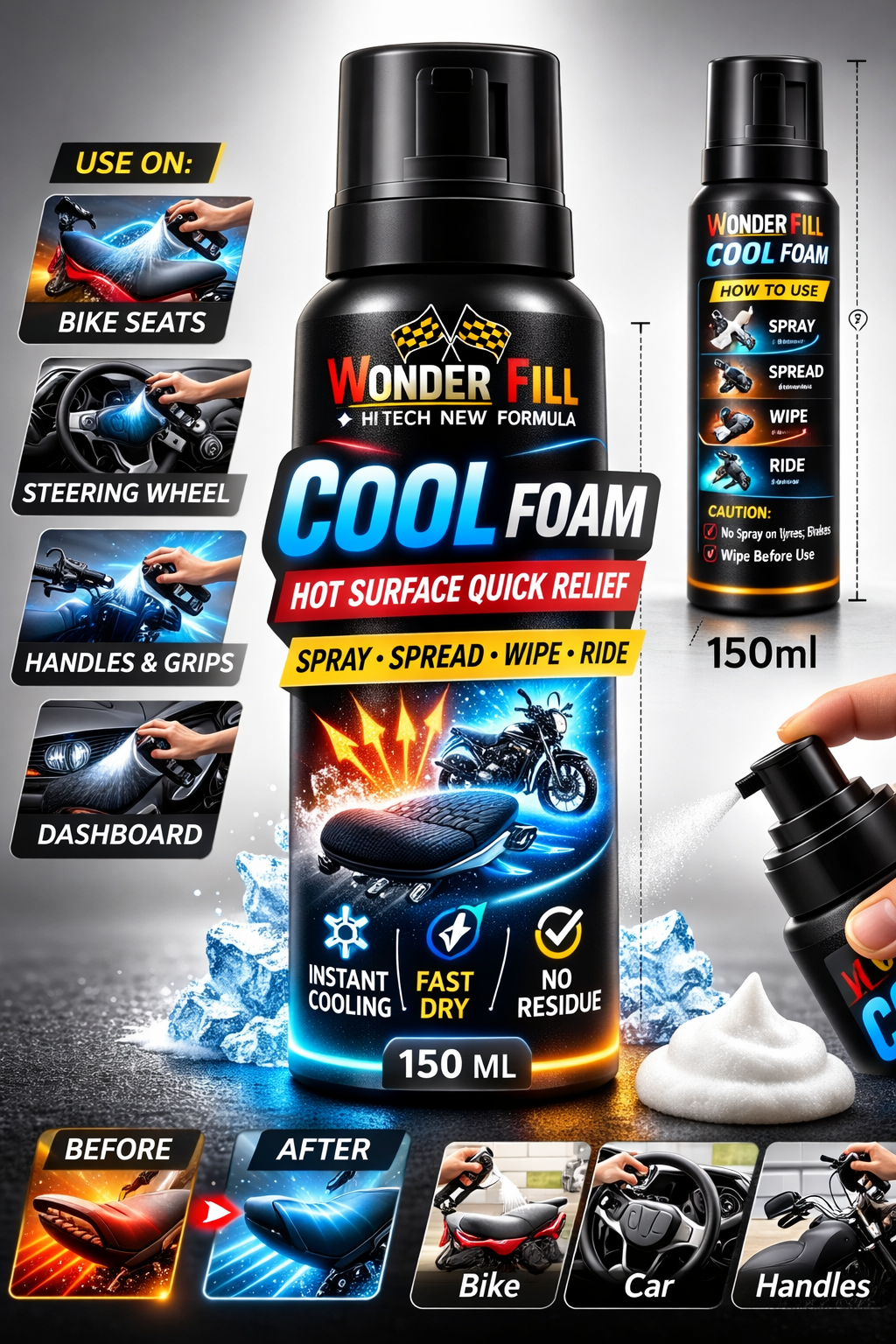 Wonderfill Cool Foam - 150ml (cool down 2 wheeler seats, steering wheels etc in summers)