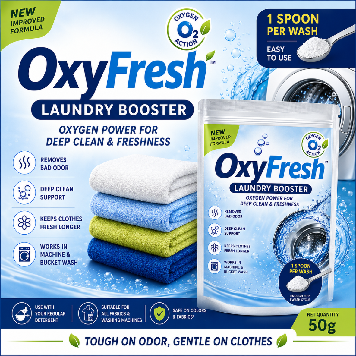 OxyFresh Laundry Booster 50g | Oxygen-Based Laundry Additive for Clothes, Towels & Socks | Removes Bad Odor & Supports Deep Cleaning | Use with Regular Detergent | Washing Machine & Bucket Wash