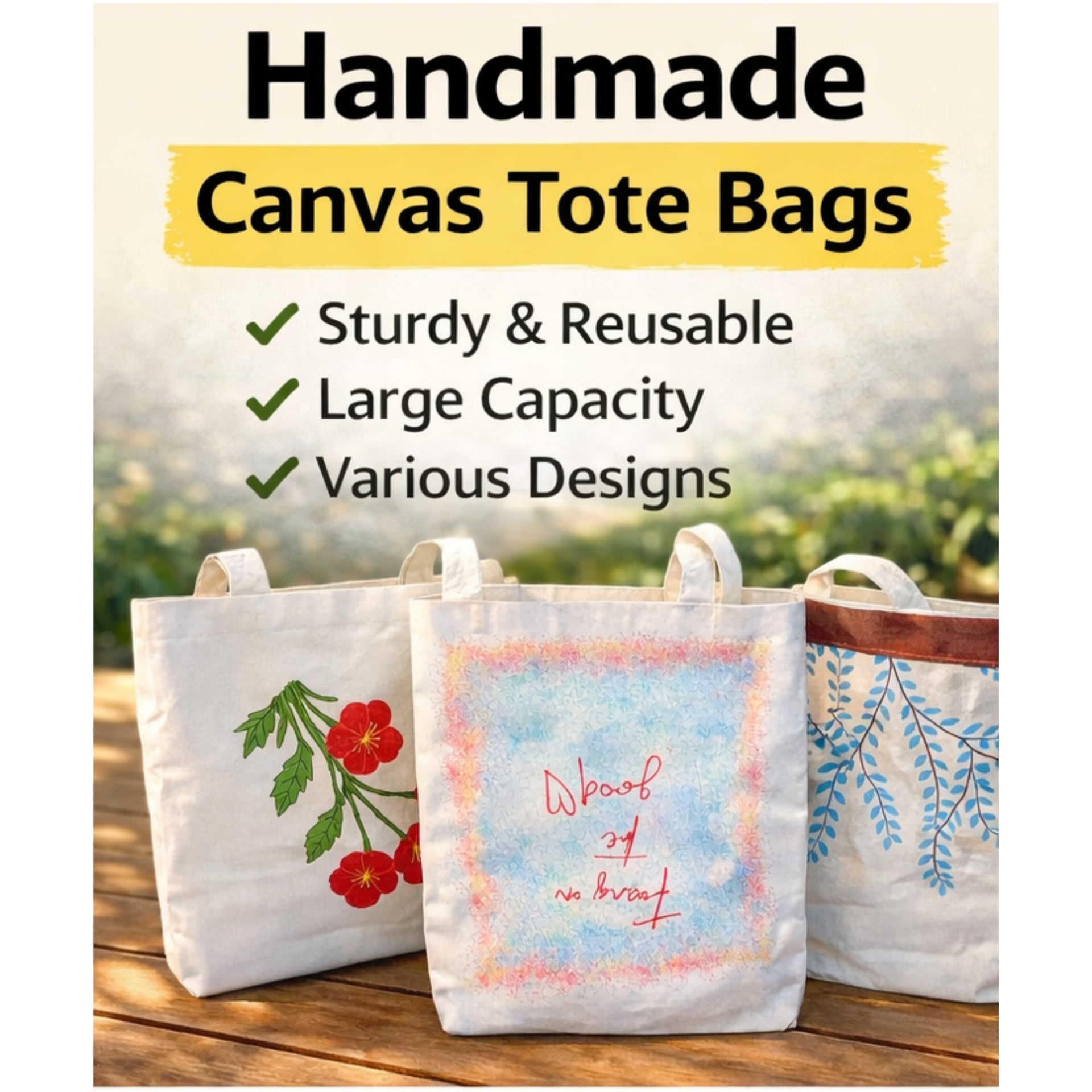 Wonderfill Handmade Canvas Tote Bag — Large Eco Friendly Everyday Carry (16×14×11 Inch)