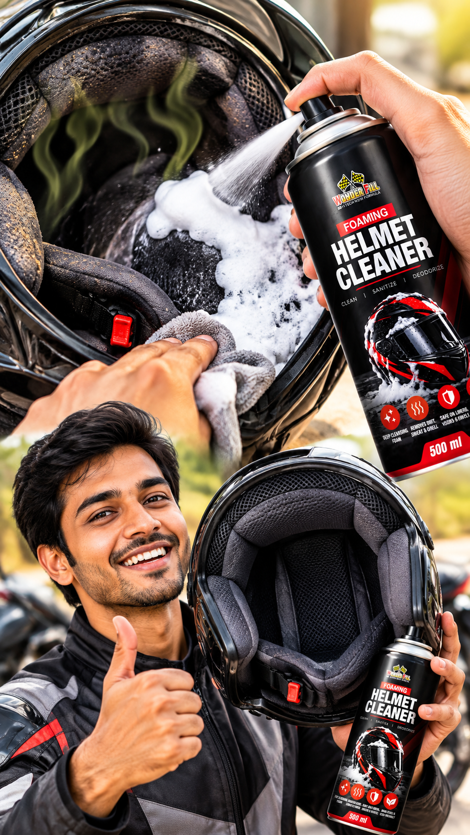 WONDERFILL Foaming Helmet Cleaner 500 ml | Deep Cleaning Foam for Helmet Liners, Padding & Outer Shell | Removes Dirt, Sweat & Odour | Helmet Freshener & Cleaner