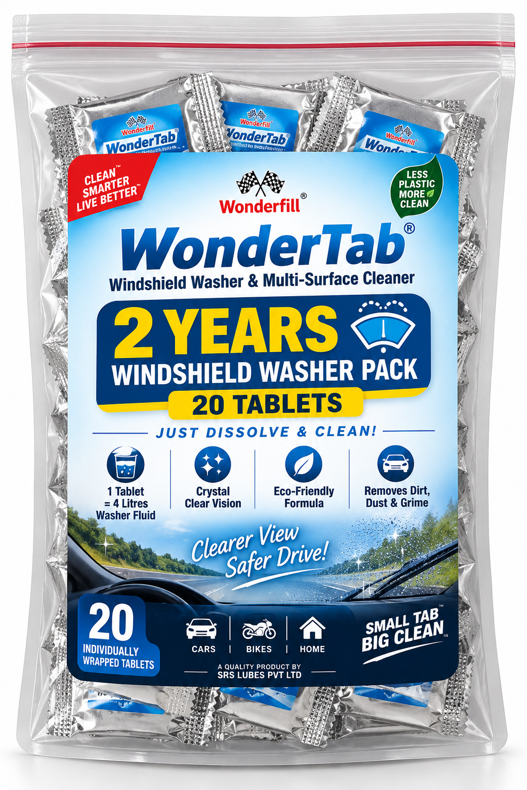 WonderFill WonderTab™ Windshield Washer Tablets | 2 Years Pack | 20 Tablets | Makes Up to 80 Litres Washer Fluid