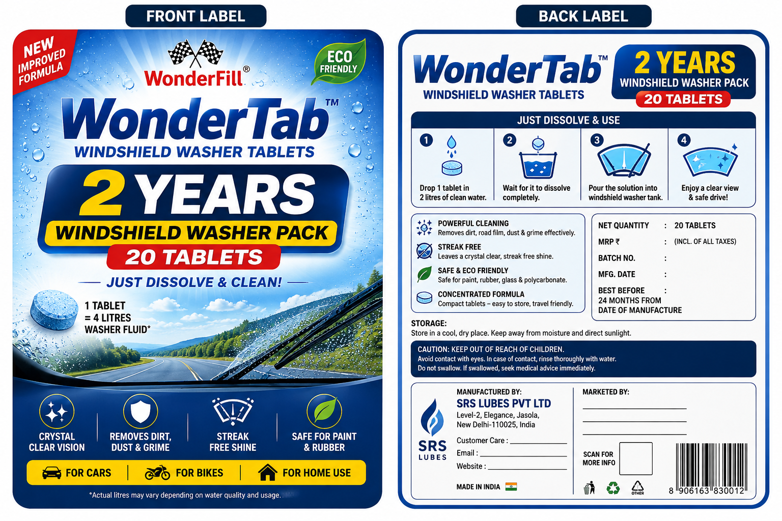 WonderFill WonderTab™ Windshield Washer Tablets | 2 Years Pack | 20 Tablets | Makes Up to 80 Litres Washer Fluid
